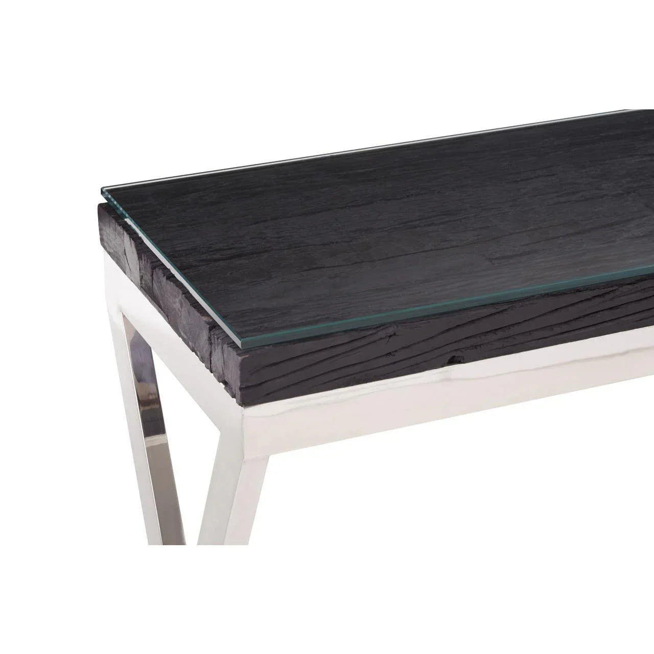 Glass top coffee table with black wood effect surface and chrome metal legs, corner view