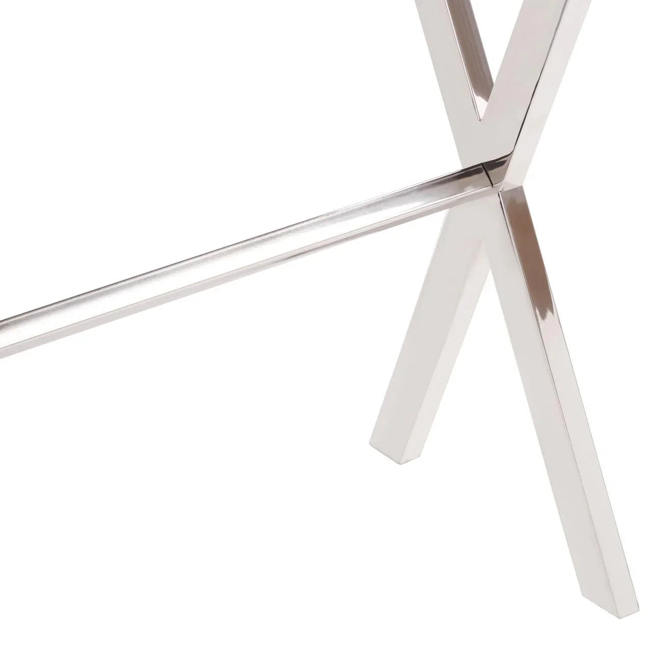Polished chrome metal dining table legs with crossbar support detail