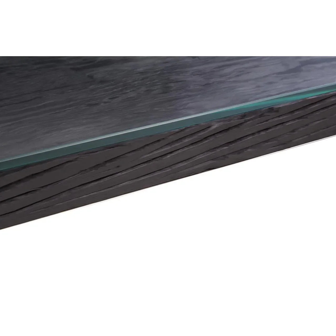 Closeup of dark wood coffee table with glass top and textured grain detail