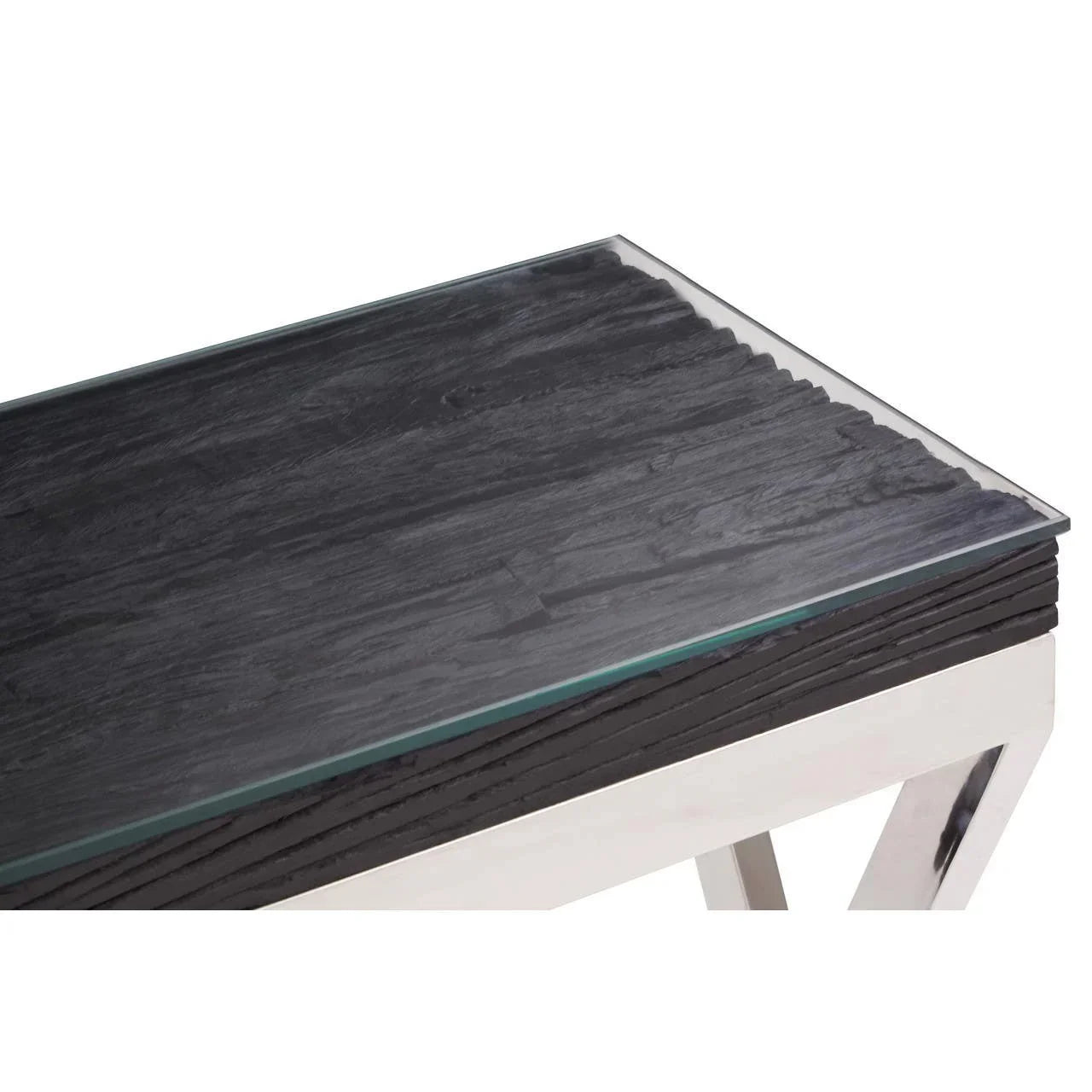 Rectangular black wood coffee table with glass top and metal legs, corner detail view