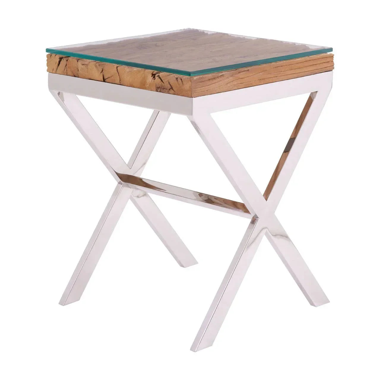 Square glass top side table with wood detail and chrome crossed legs