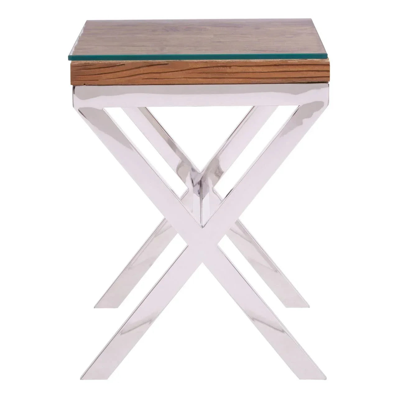 Square side table with glass top, wood trim, and chrome X-shaped legs