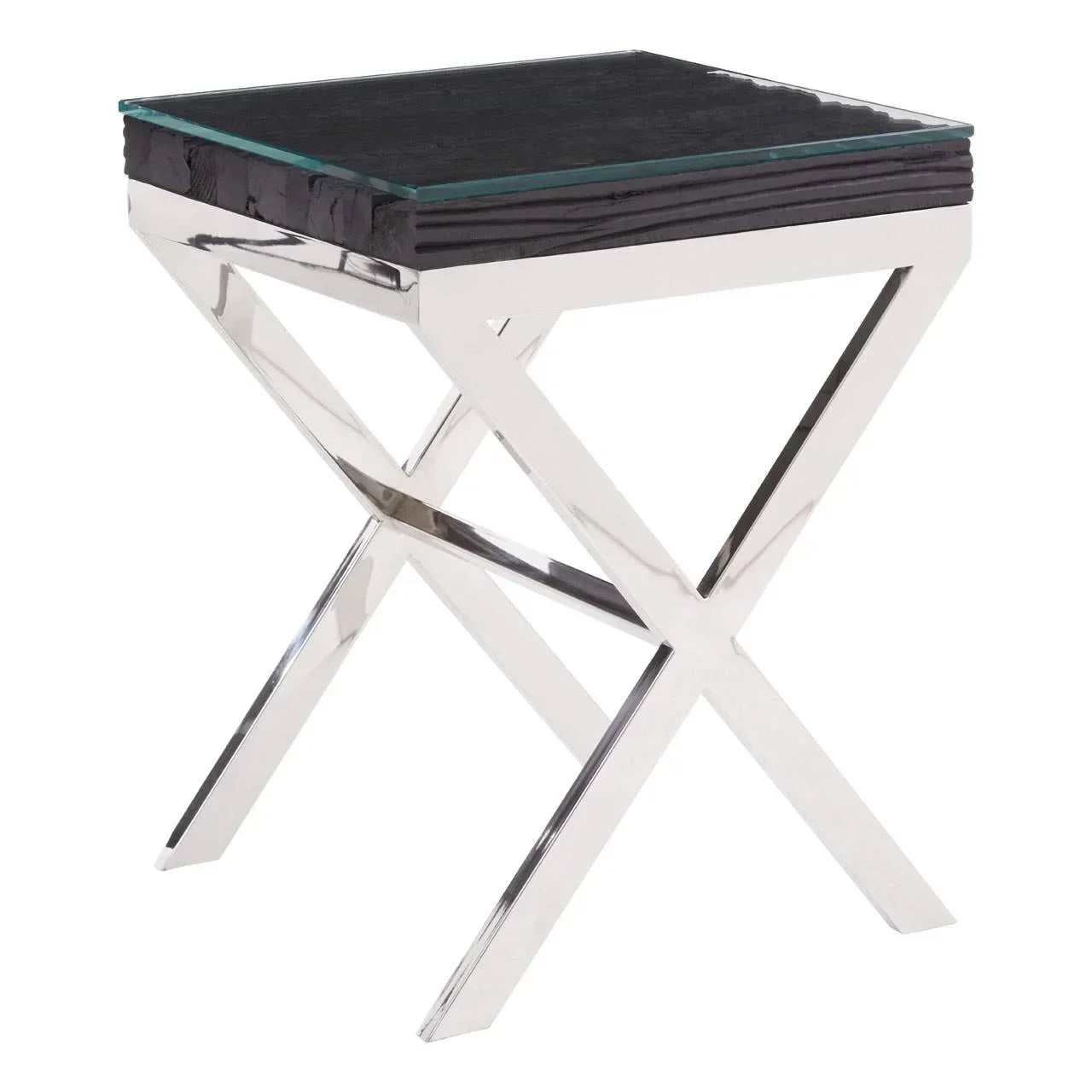 Modern side table with chrome X-shaped legs and black wood top with glass surface