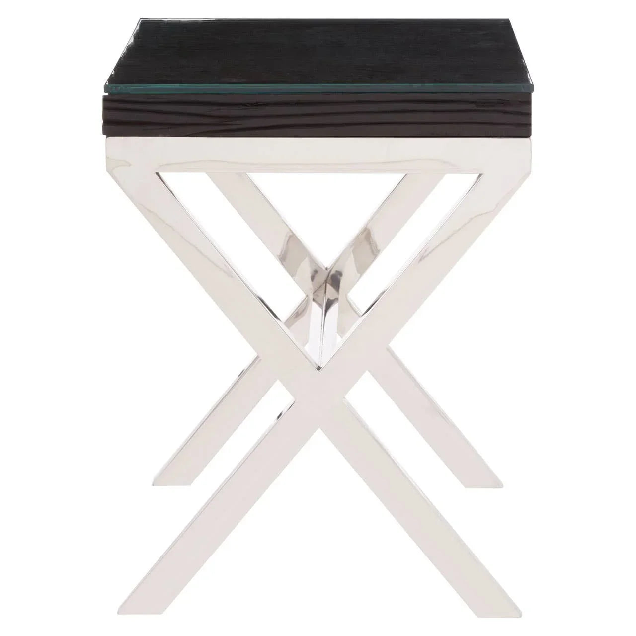 Modern side table with black glass top and chrome cross-leg base, front view