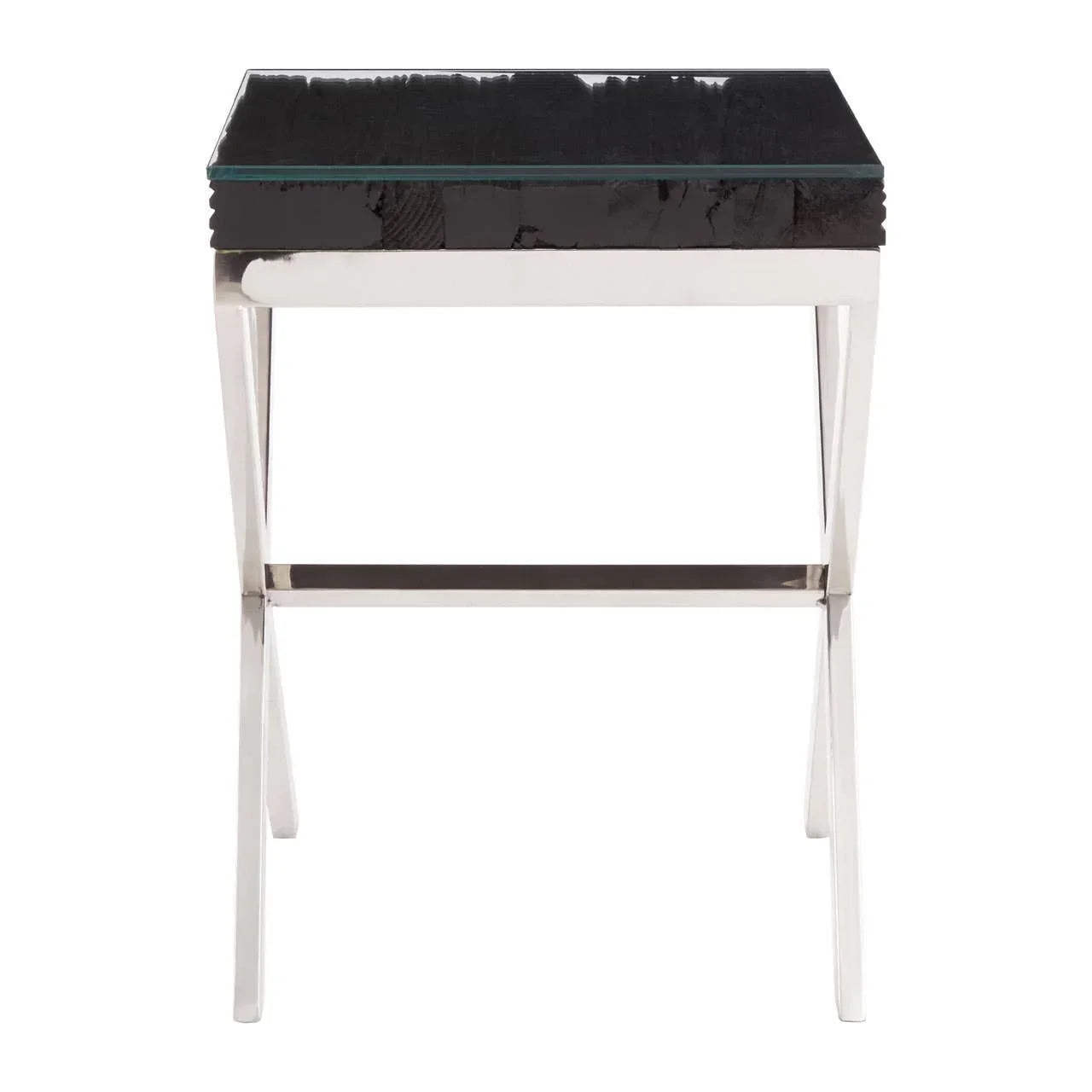 Modern side table with glass top, black wood accent and chrome metal legs, front view