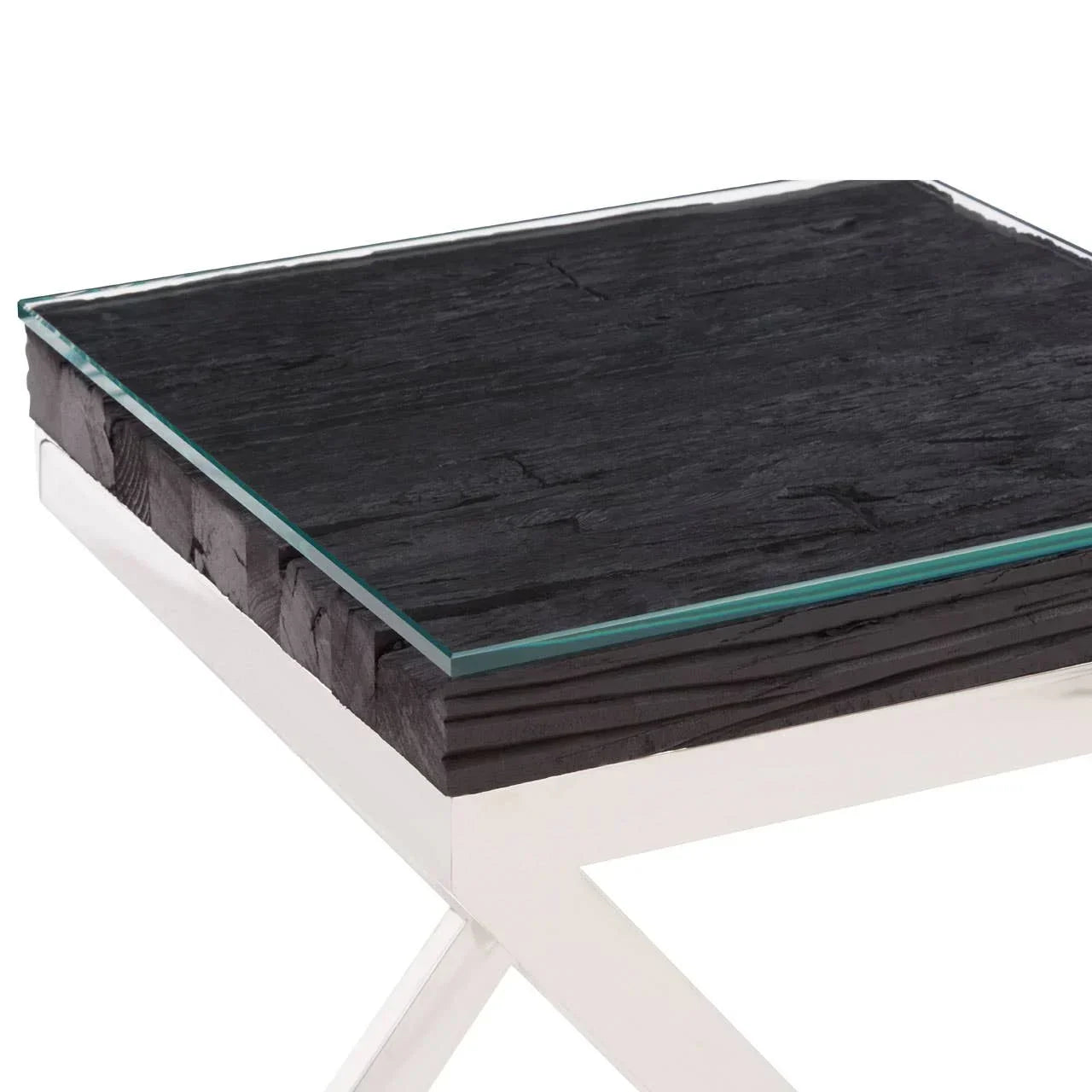 Modern side table with black wood top, glass surface, and chrome metal legs