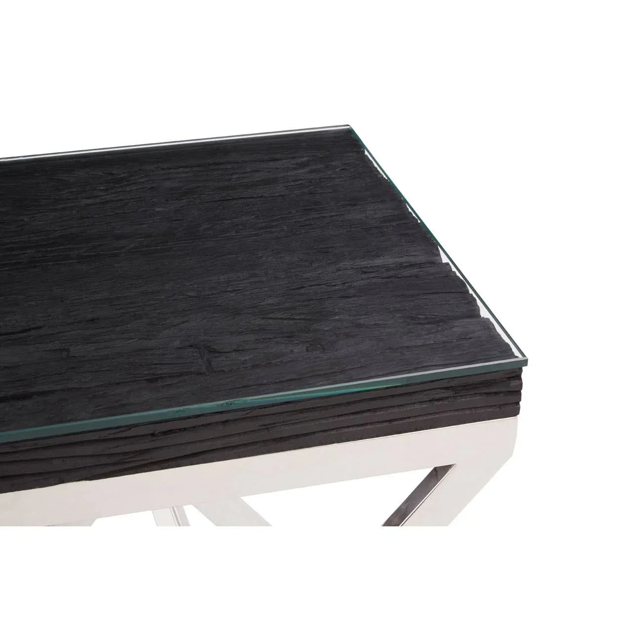 Black wood and glass coffee table corner with chrome legs detail
