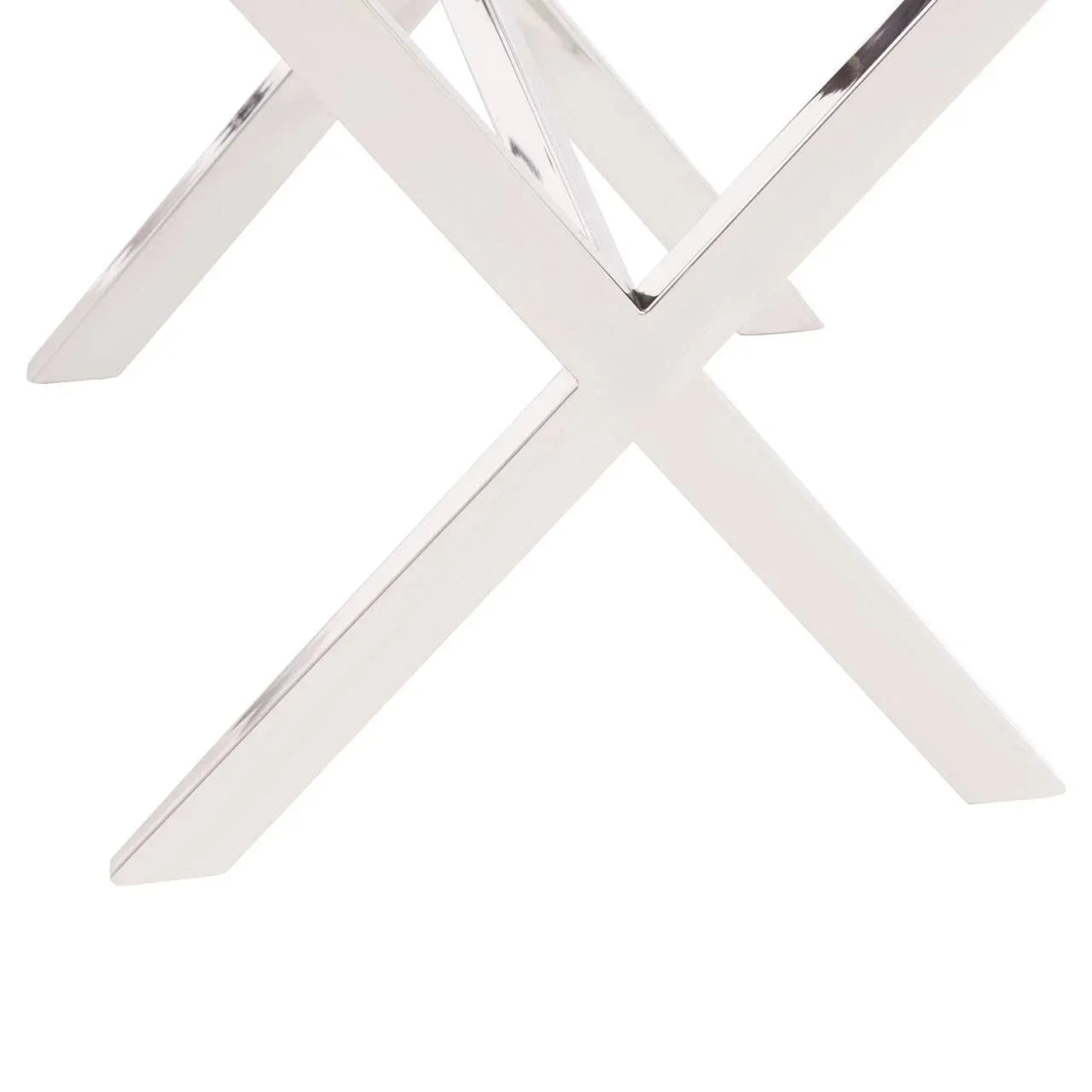 Chrome dining table leg with modern cross design on white background