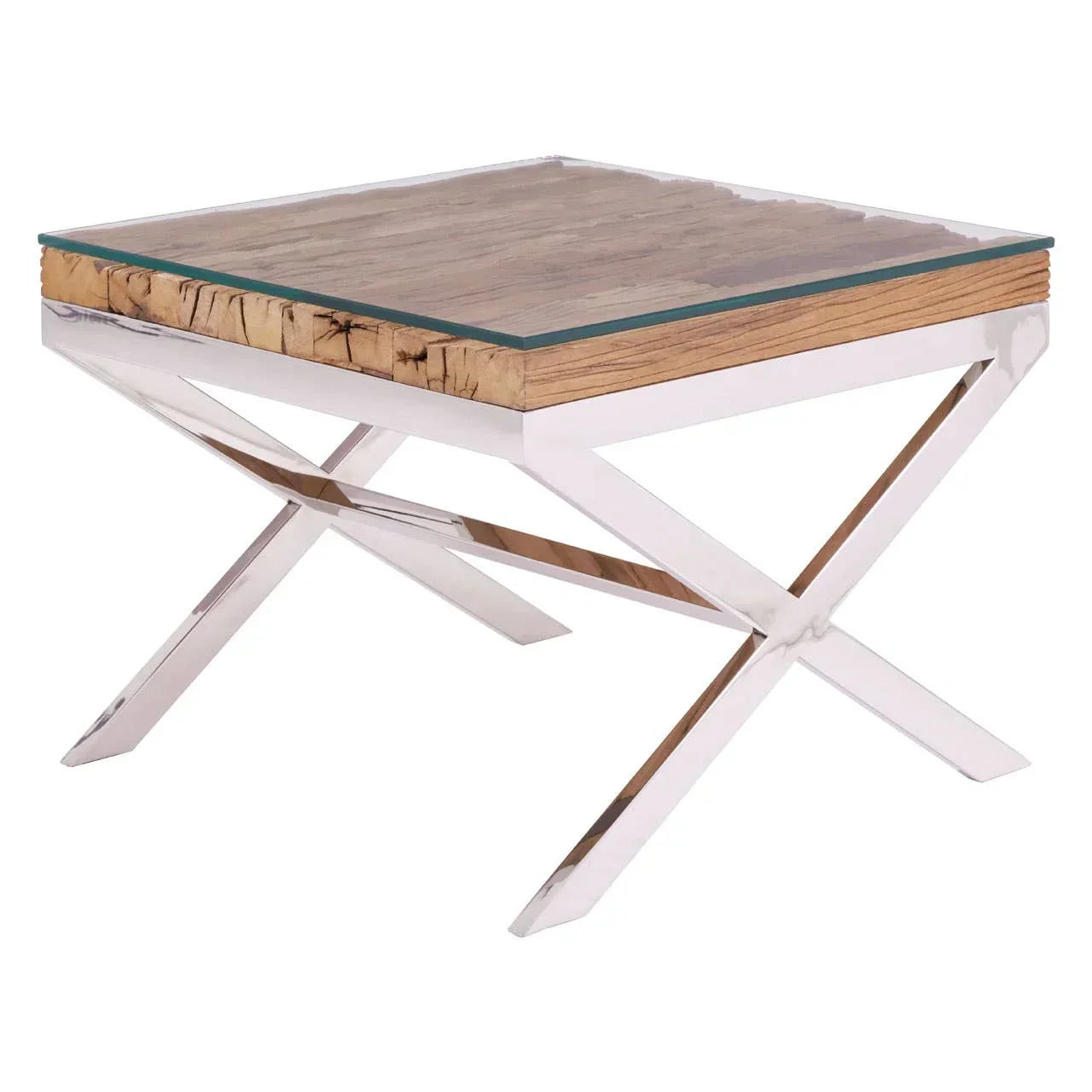Square coffee table with glass top, wooden edge and chrome crossed legs