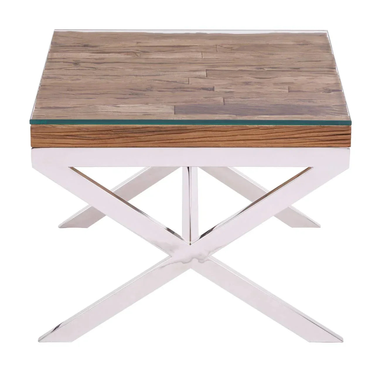 Square coffee table with glass top, wood surface and chrome cross base, front view