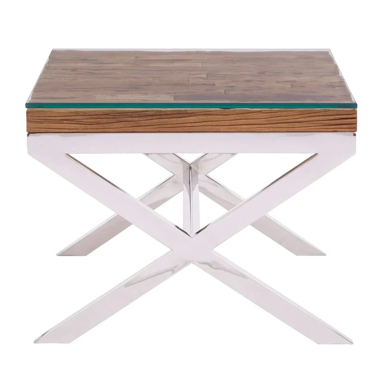 Square wooden side table with glass top and chrome cross base