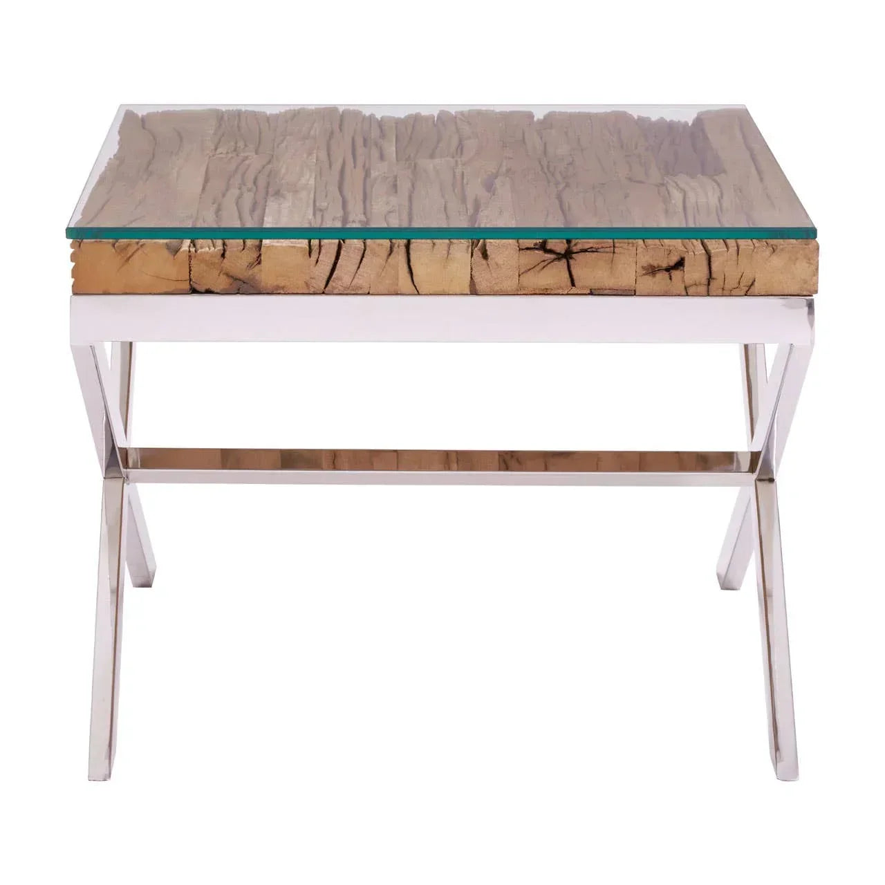 Modern side table with glass top, wooden detail, and chrome metal legs