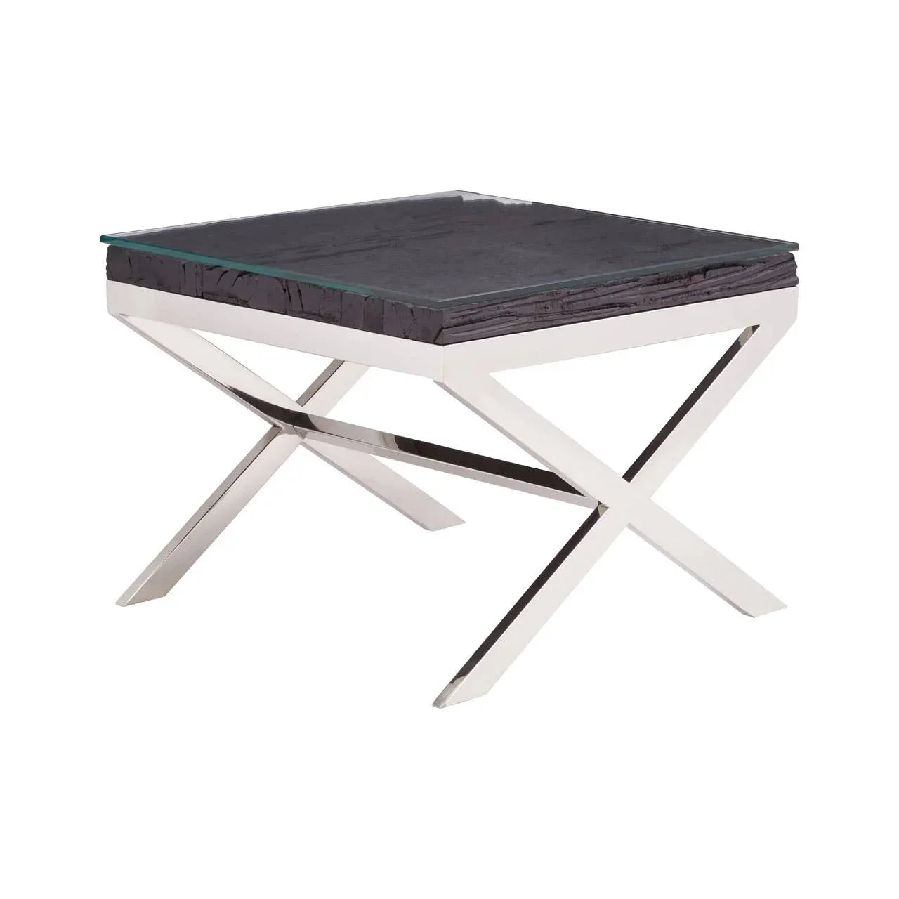 Modern side table with black wood top, glass surface, and chrome cross legs