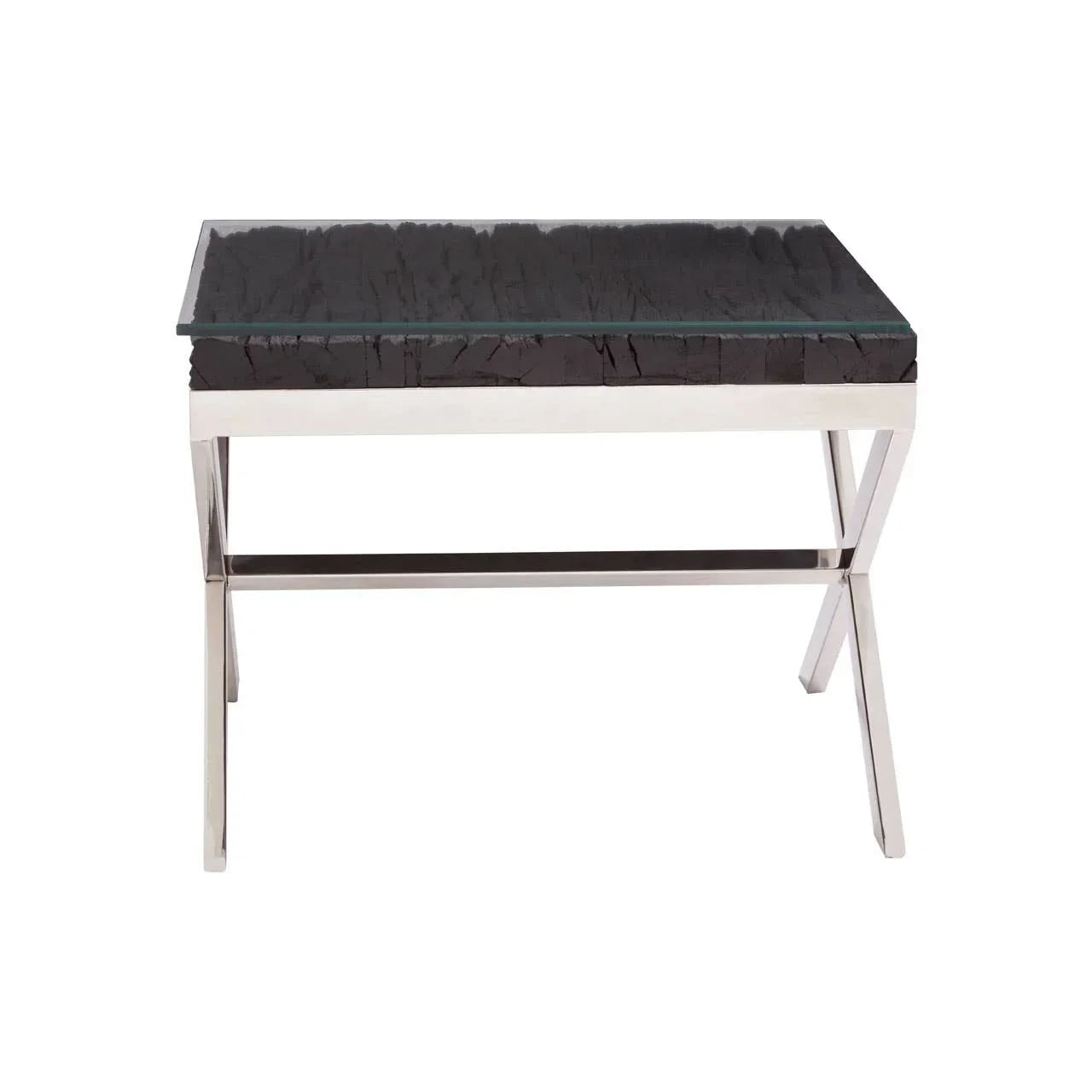 Modern coffee table with glass top, black wood detail, and chrome metal legs