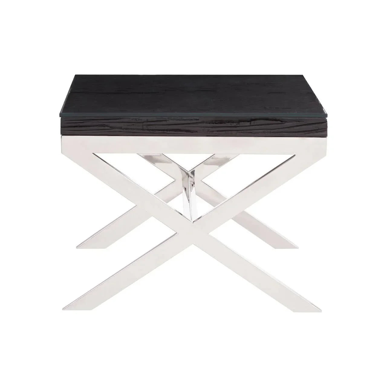 Black wooden side table with chrome X-frame legs, modern square design, front view