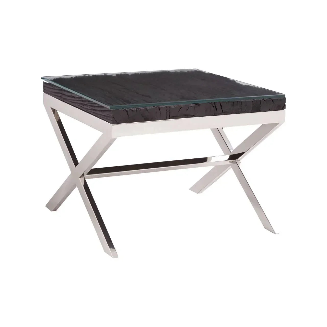 Square glass top side table with chrome metal legs and textured black wood surface