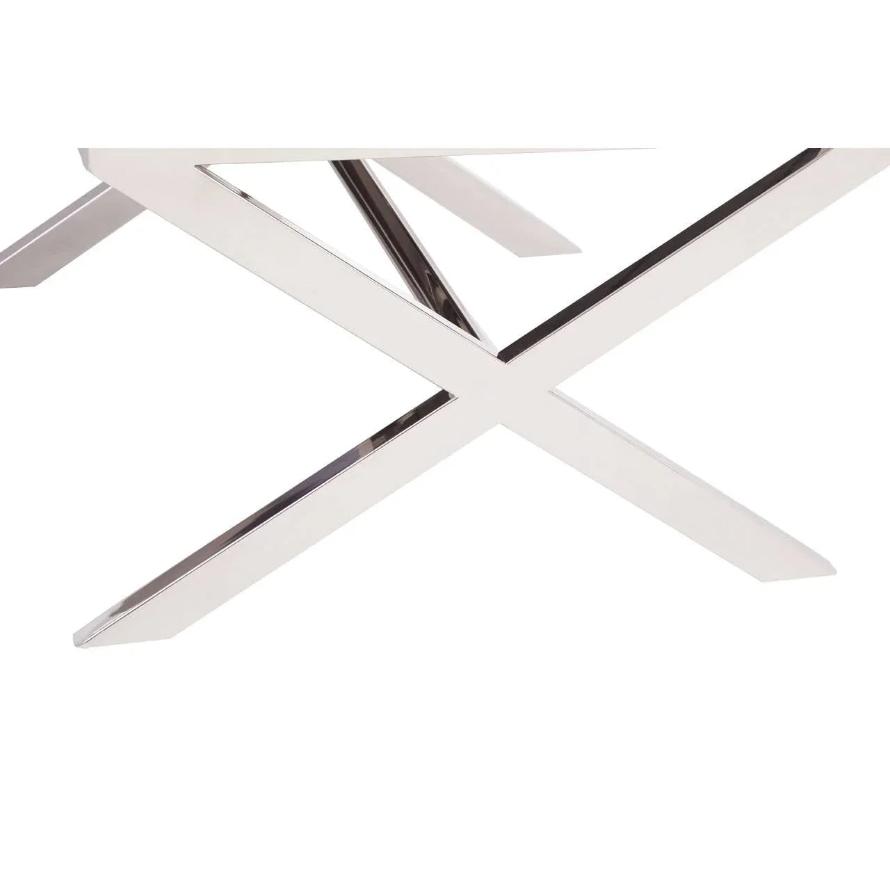 Chrome metal coffee table leg with modern cross design on white background