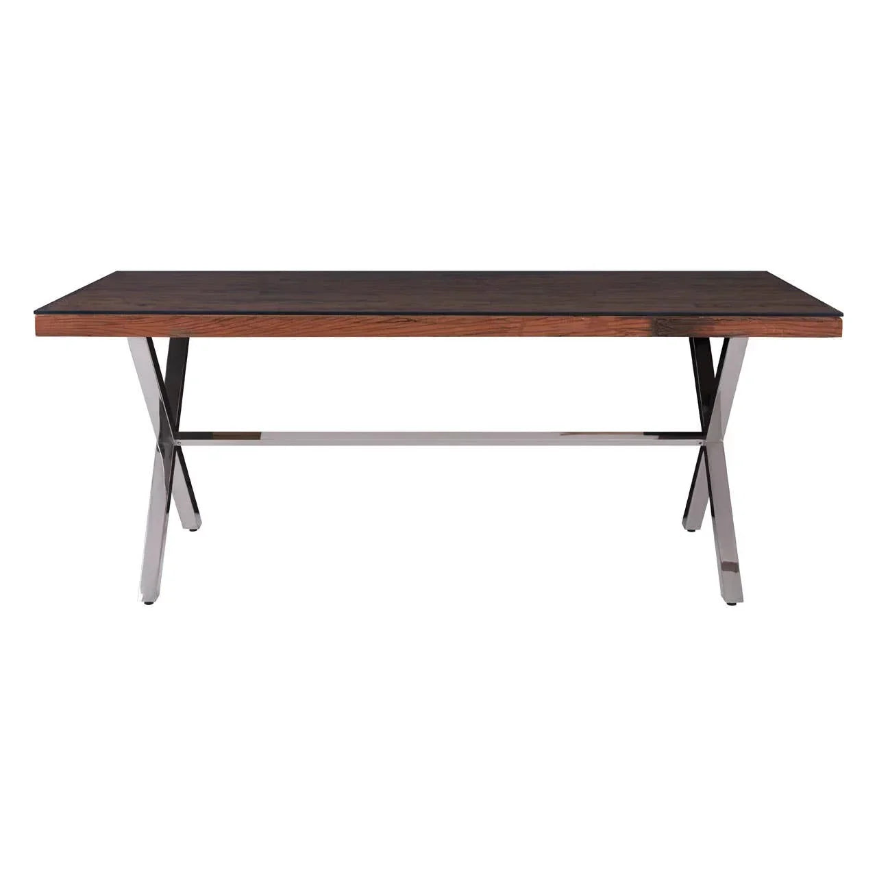 Modern dining table with dark wood top and chrome crossed legs on white background