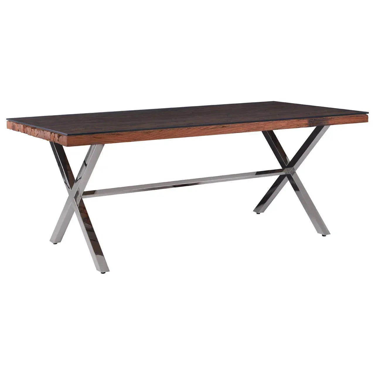 Rectangular dining table with dark wood top and chrome crossed metal legs