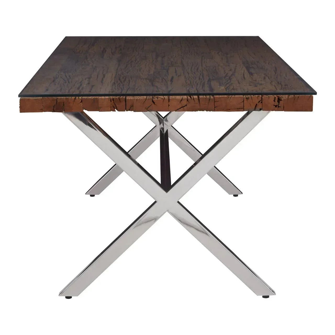 Rectangular dining table with rustic wood top and chrome cross metal legs, front angle view