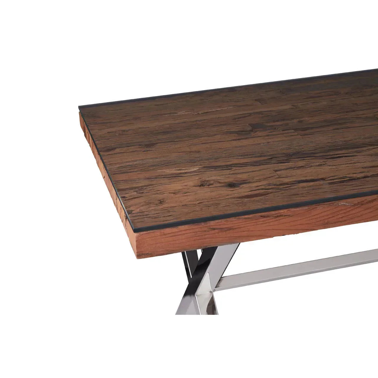 Wood dining table with dark grain and chrome metal legs, corner close-up view