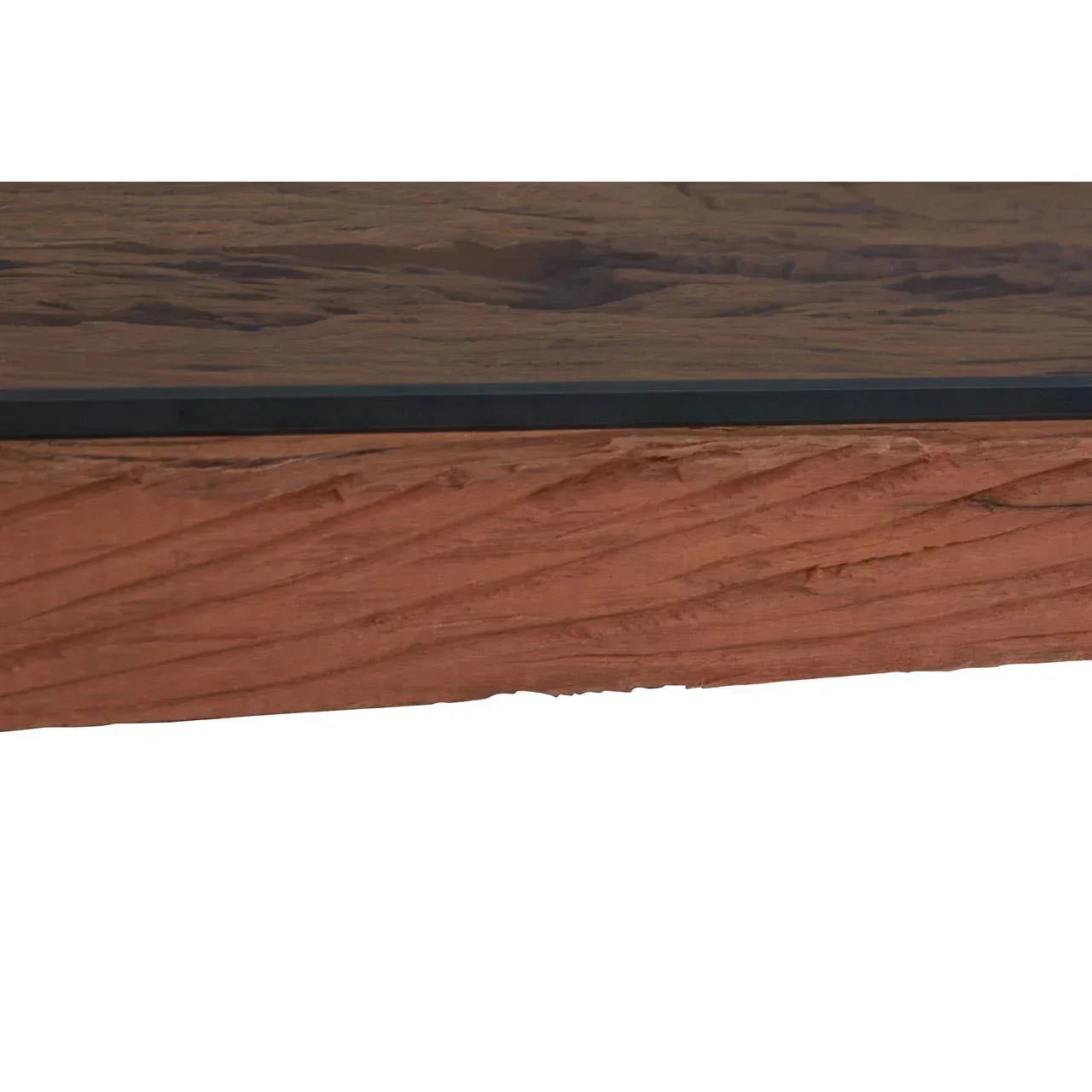 Close-up of wooden coffee table edge with natural grain and dark metal trim detail