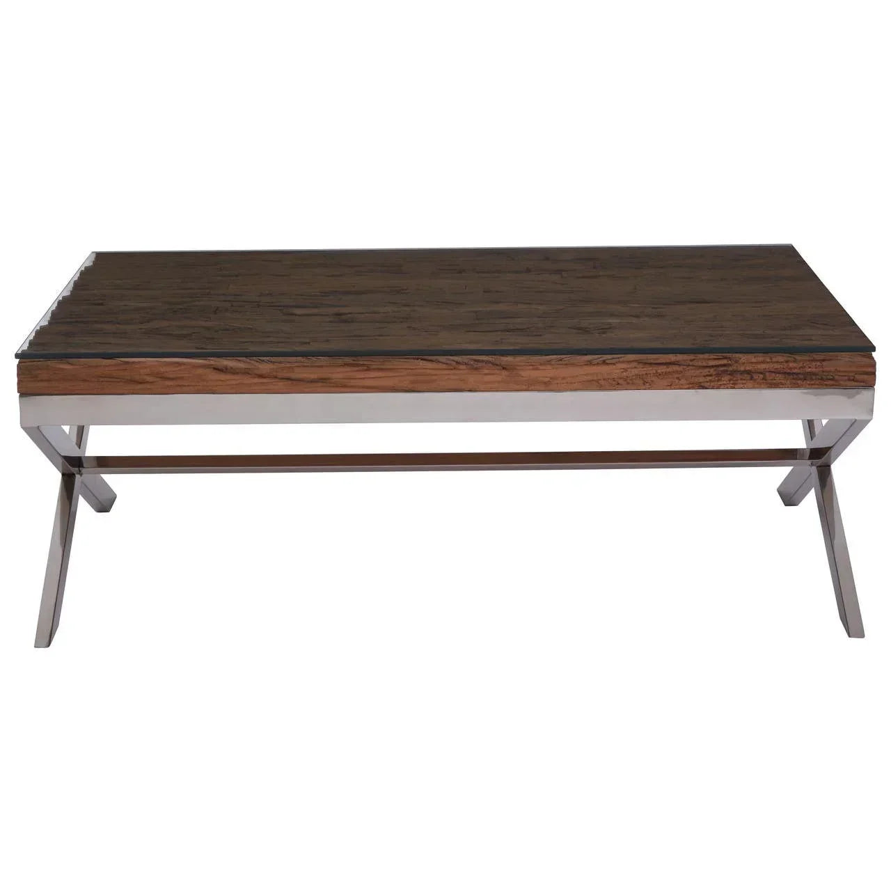 Rectangular dining table with dark wood top and chrome X-frame legs