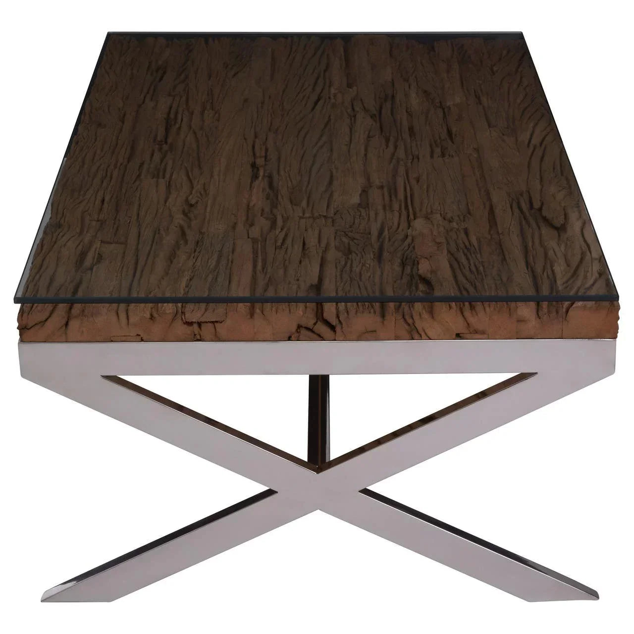 Rectangular coffee table with textured wooden top and chrome X-frame base