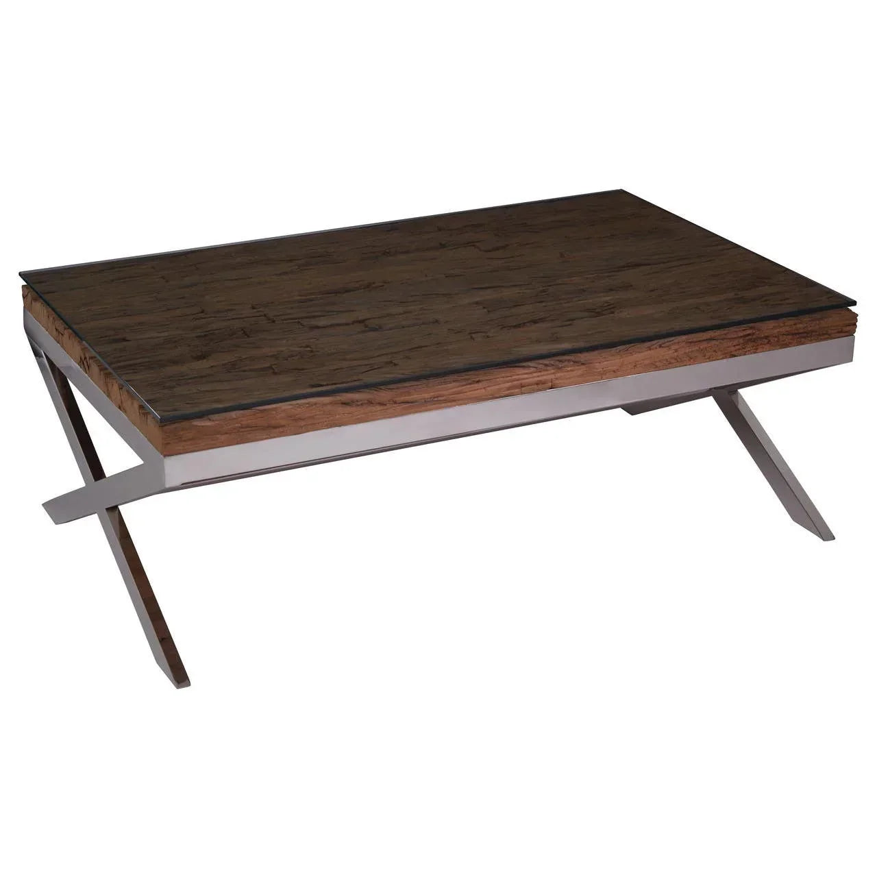 Rectangular coffee table with dark wood top and chrome metal angled legs