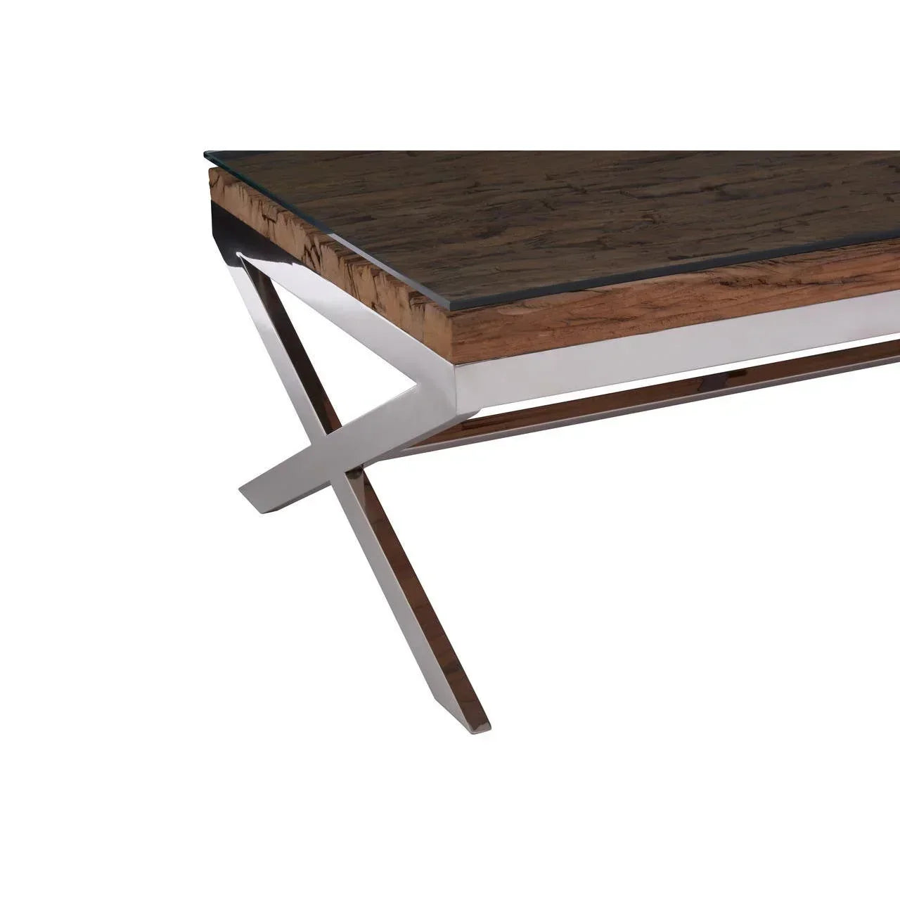 Modern dining table with dark wood top and chrome crossed metal legs