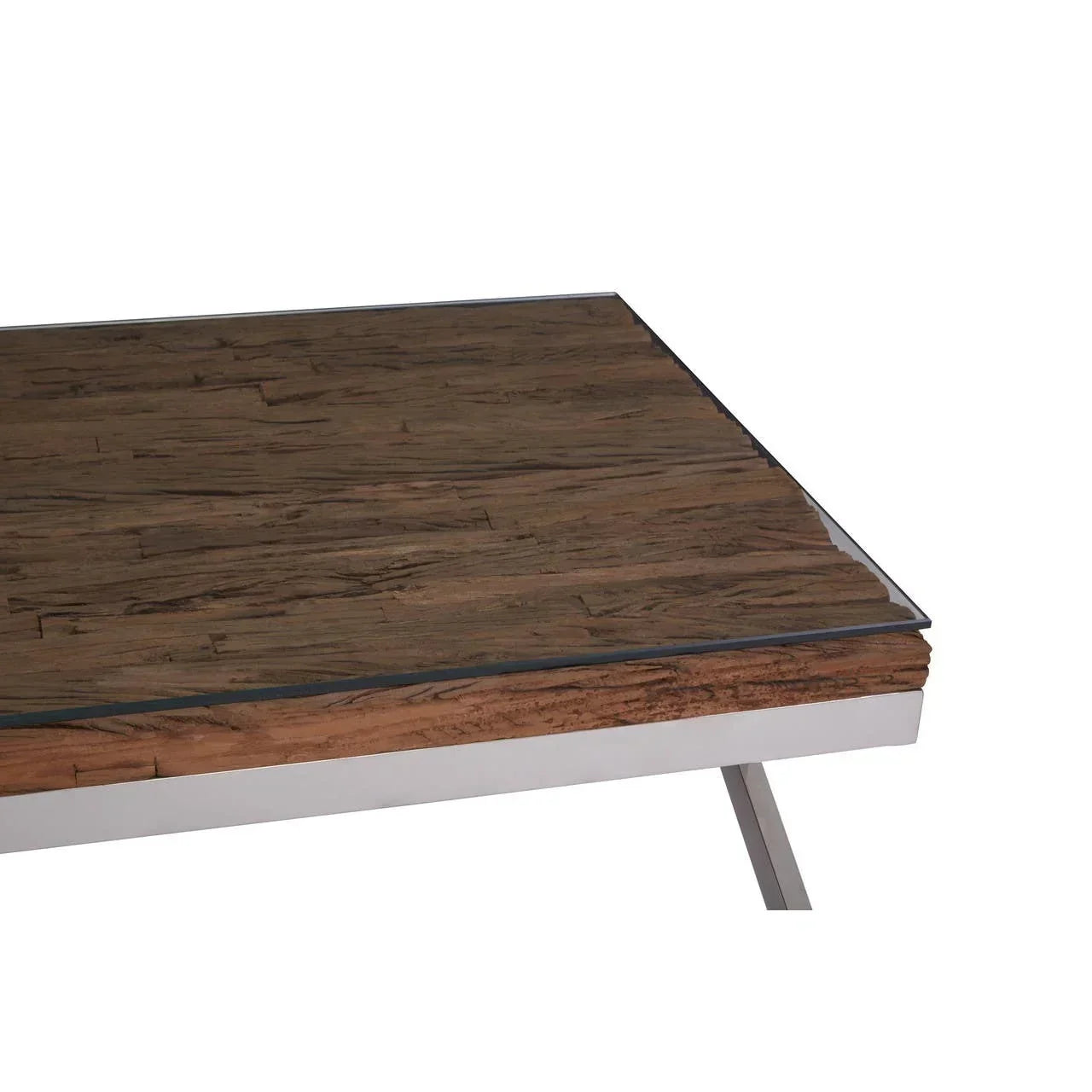 Rectangular dining table with rustic wood top, clear glass layer, and metal legs, corner view