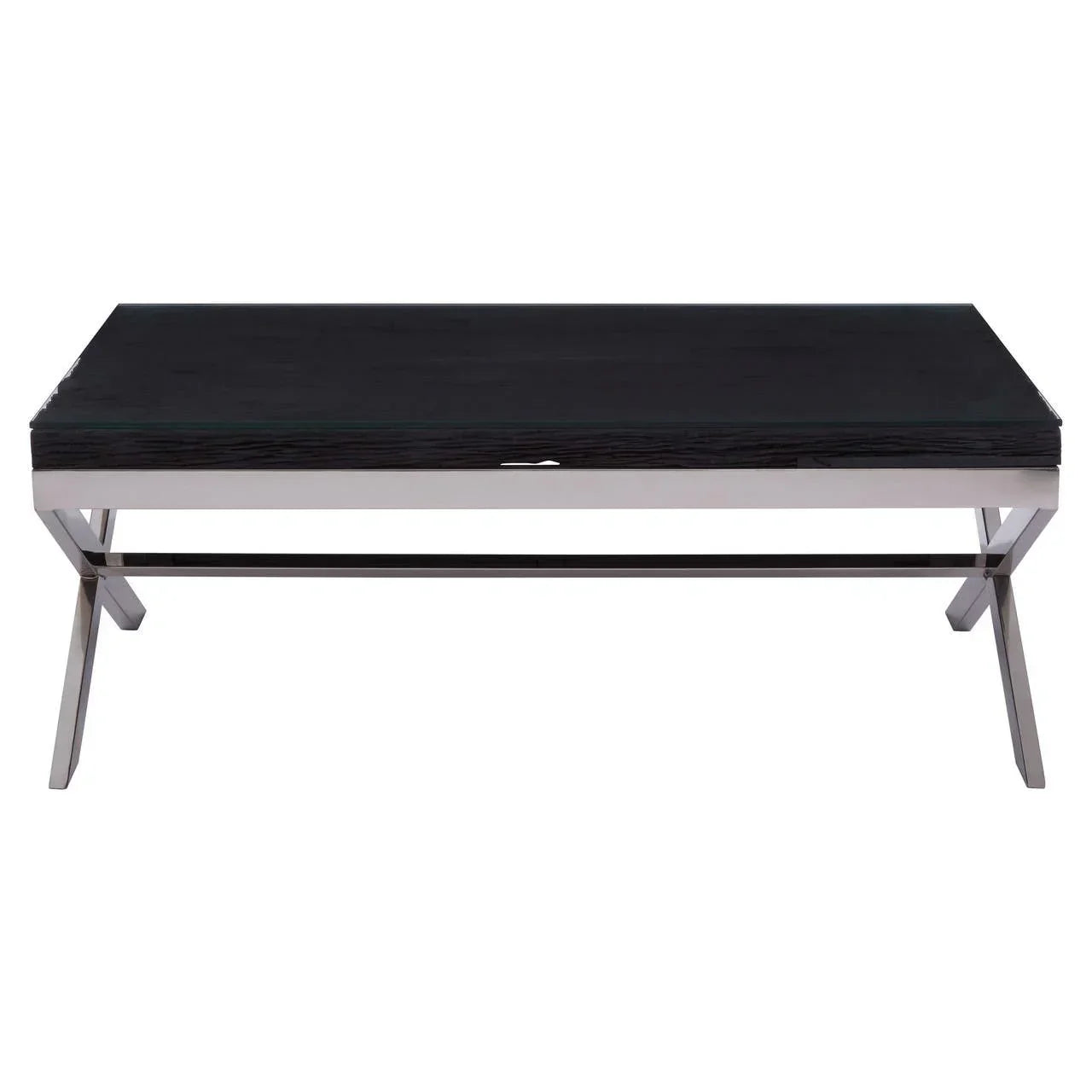 Black wood coffee table with chrome legs, rectangular shape, front view