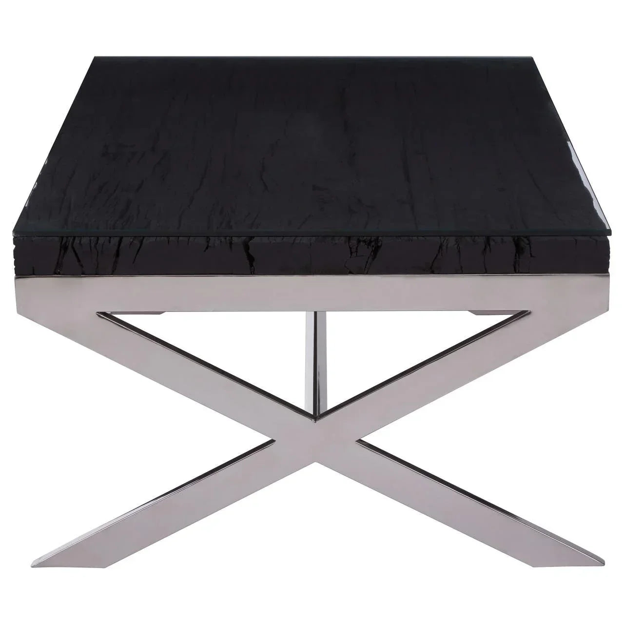 Black wood coffee table with chrome X-shaped metal legs, front view