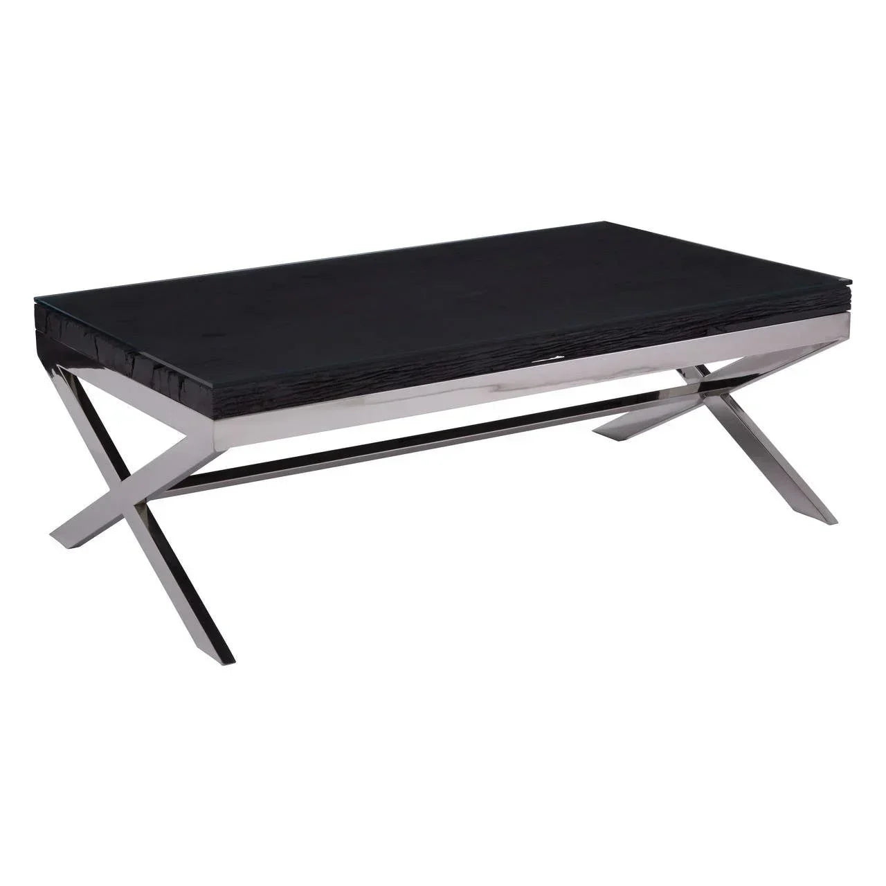 Black coffee table with rectangular top and chrome crossed legs