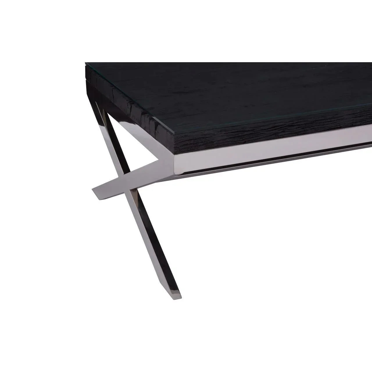 Contemporary dining table with black wood top and chrome crossed metal legs