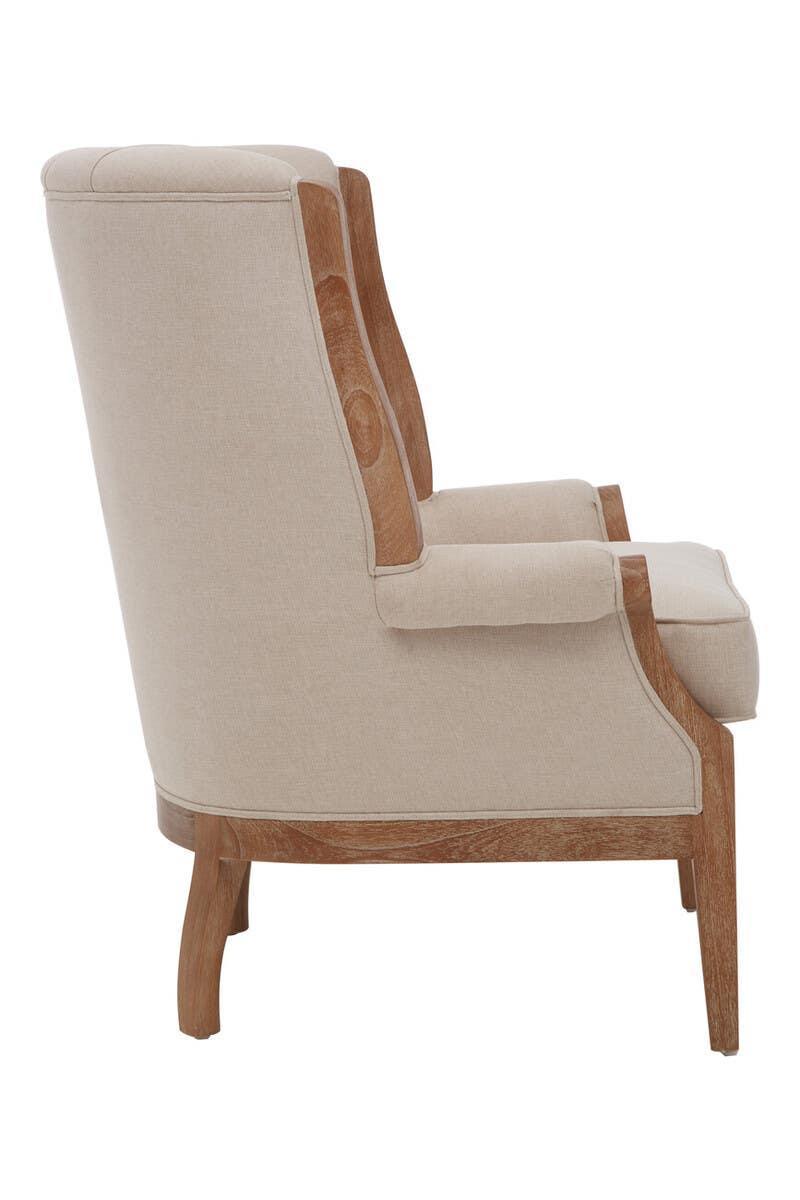 Side view beige armchair with wooden frame and upholstered seat