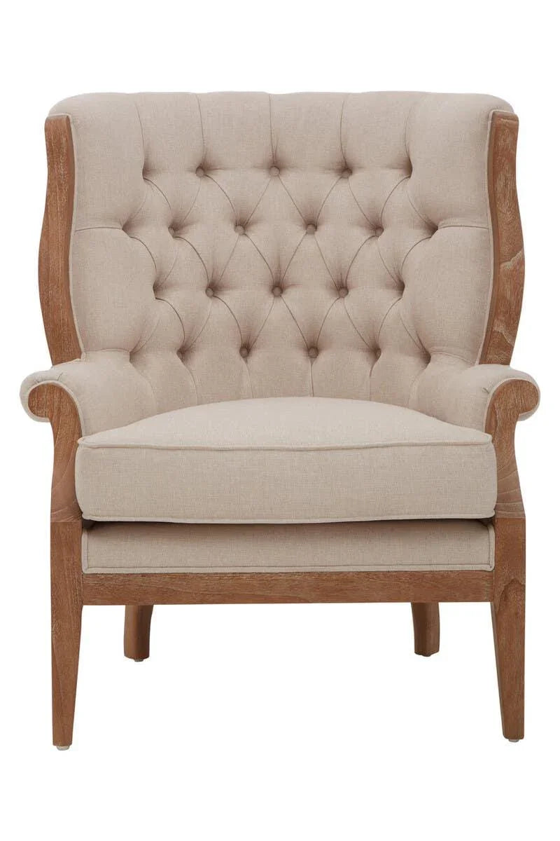 Beige upholstered armchair with button-tufted backrest and wooden frame, front view