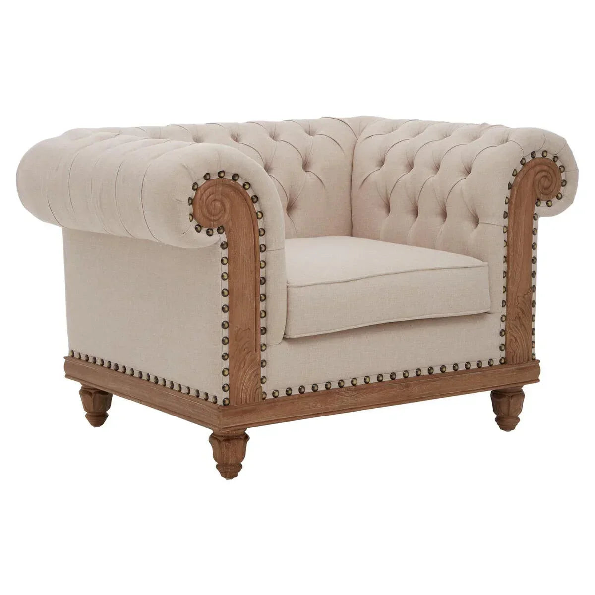Beige fabric armchair with deep button tufting and wooden trim with stud accents