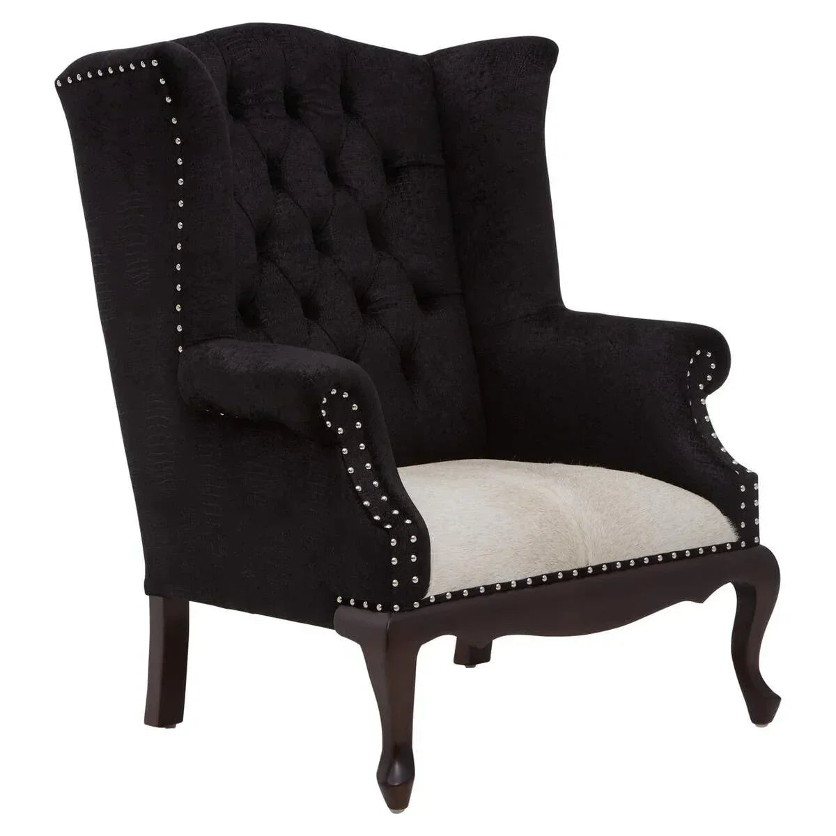 Black wingback armchair with tufted back, studded trim and cream seat cushion
