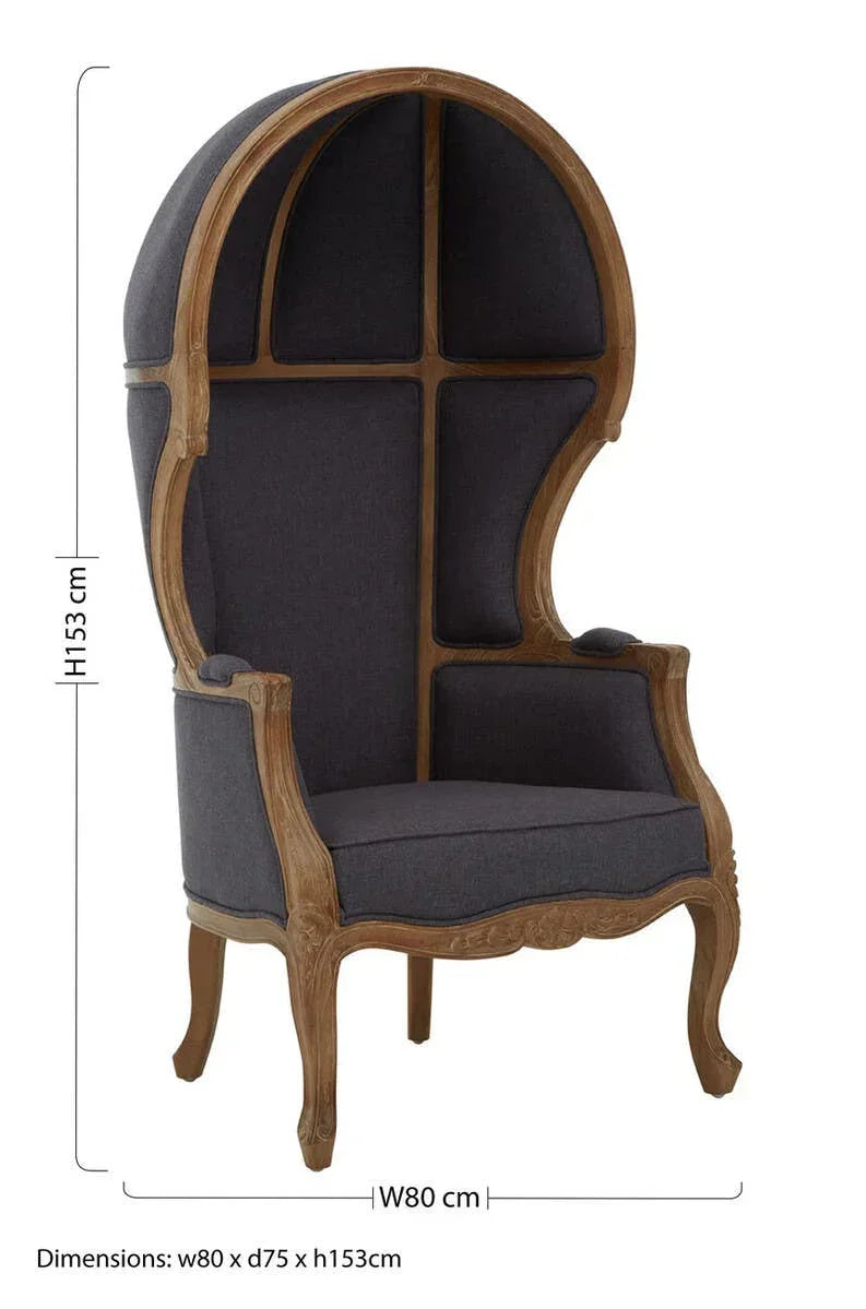 High back dome chair with dark upholstery and carved wood frame, dimensions 80x75x153cm