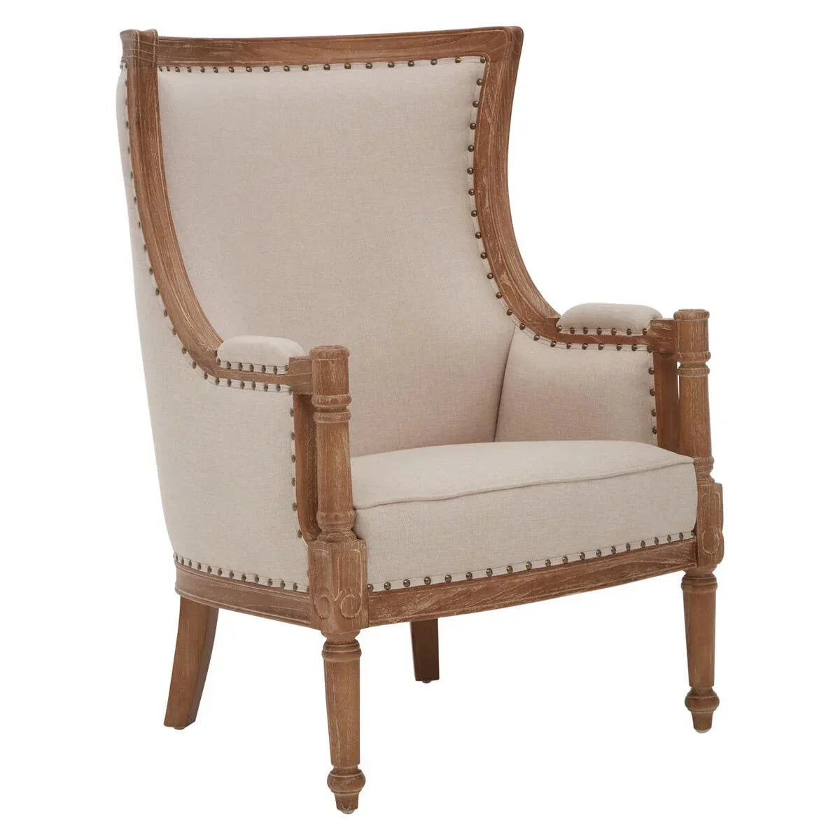 Beige upholstered armchair with high back, wooden frame, and decorative stud detailing