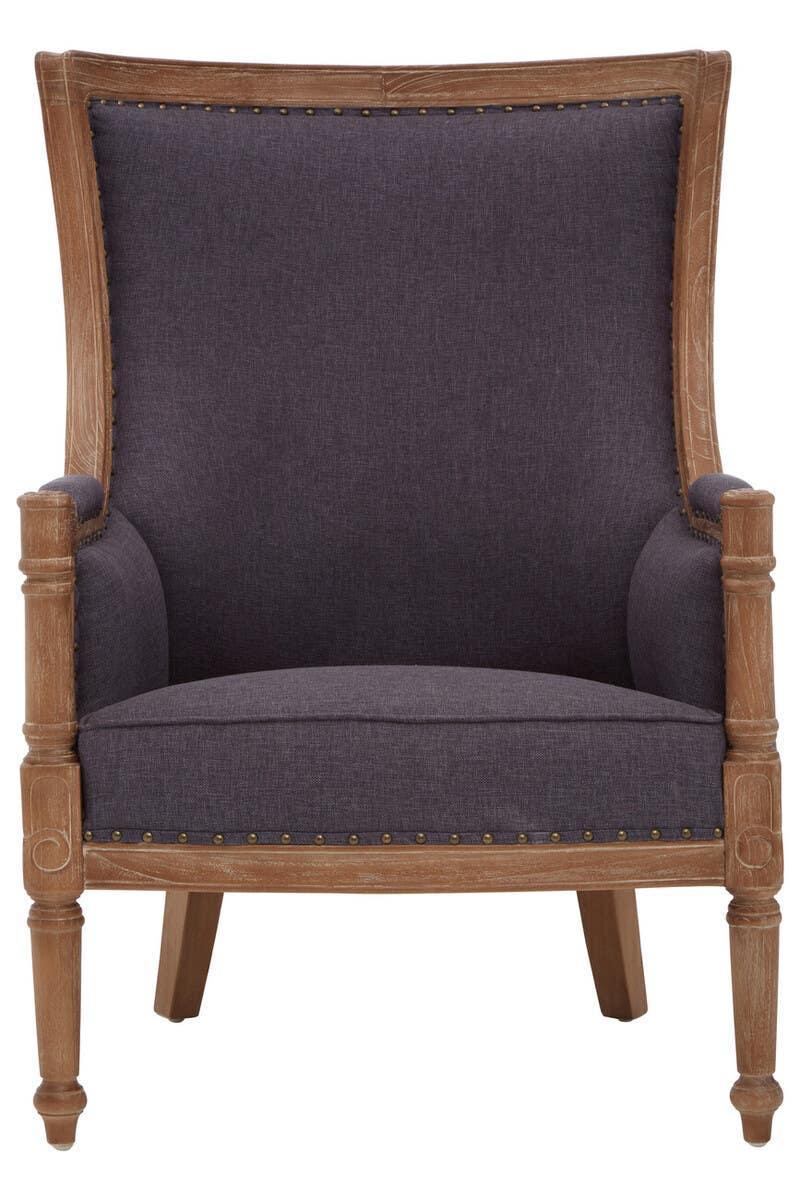 Dark grey upholstered armchair with wooden frame and decorative nailhead trim, front view