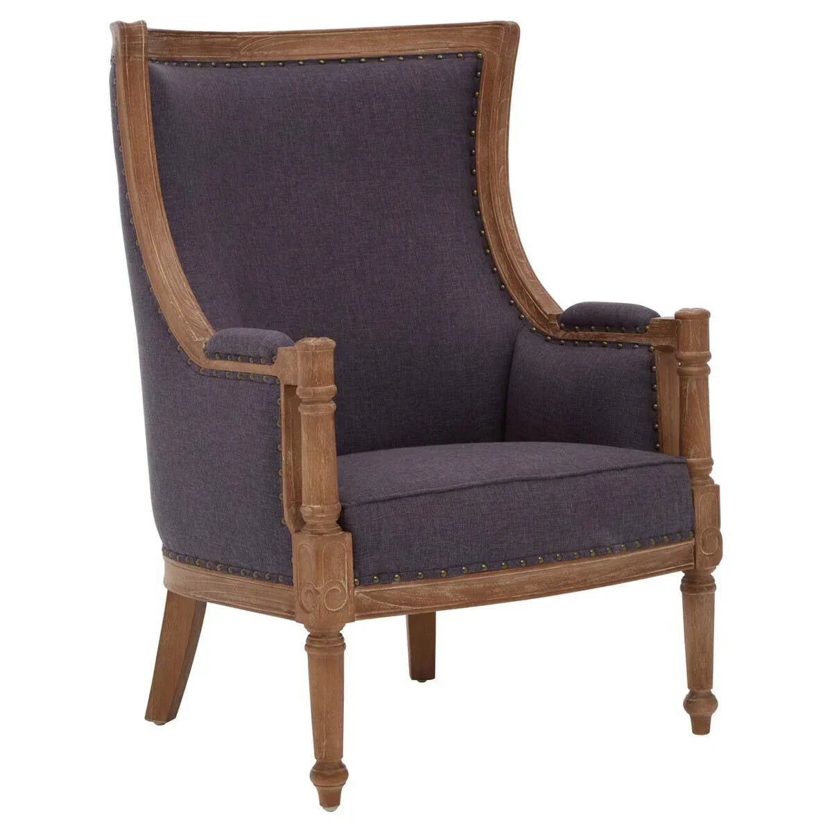 Upholstered accent armchair with dark grey fabric and carved wood frame