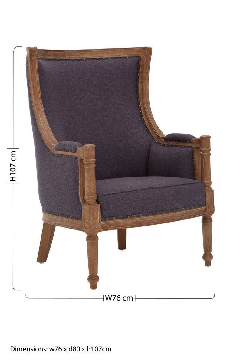 Dark grey upholstered armchair with wooden frame, stud detailing, and dimensions labeled