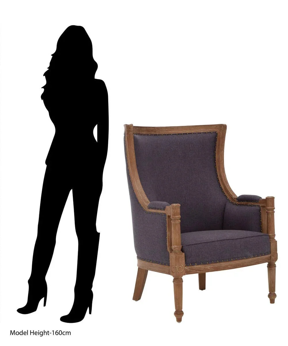 High back armchair with wooden frame and purple upholstery beside height comparison silhouette