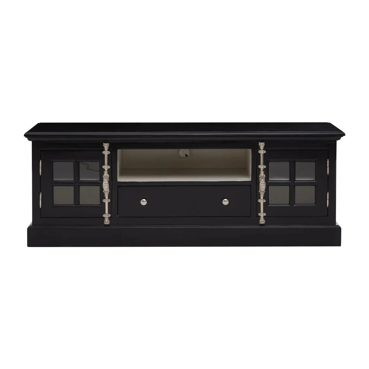 Black wooden TV unit with glass door cabinets, central drawer and open shelf, front view
