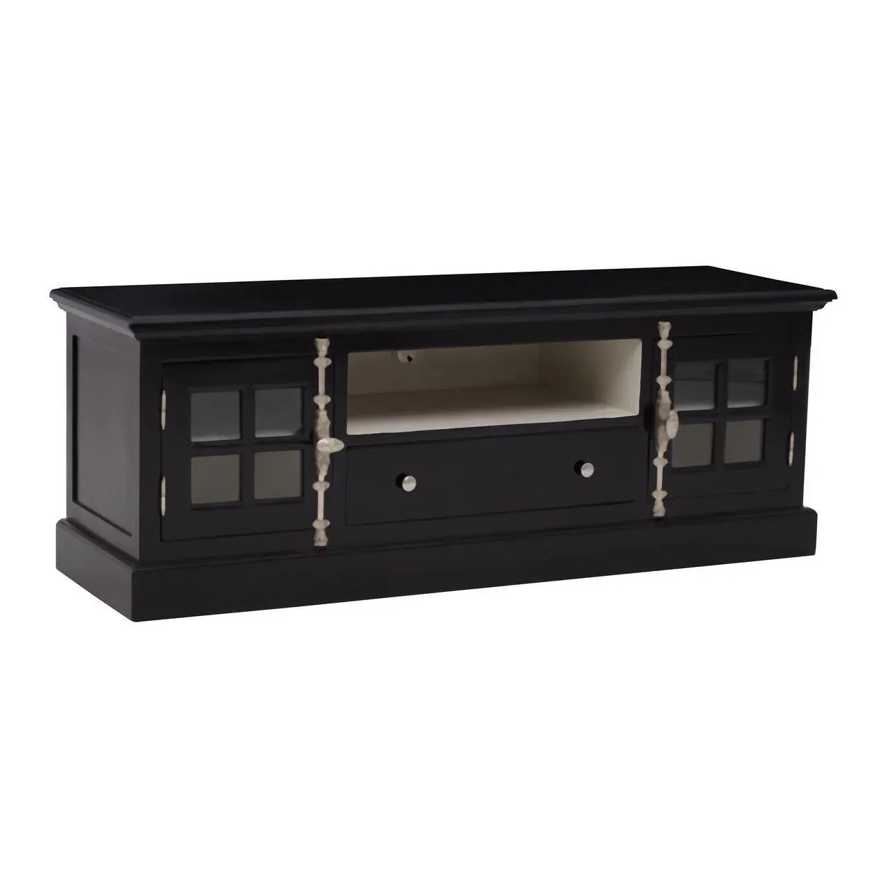 Black wooden TV unit with glass panel doors, central drawer and open shelf, front view