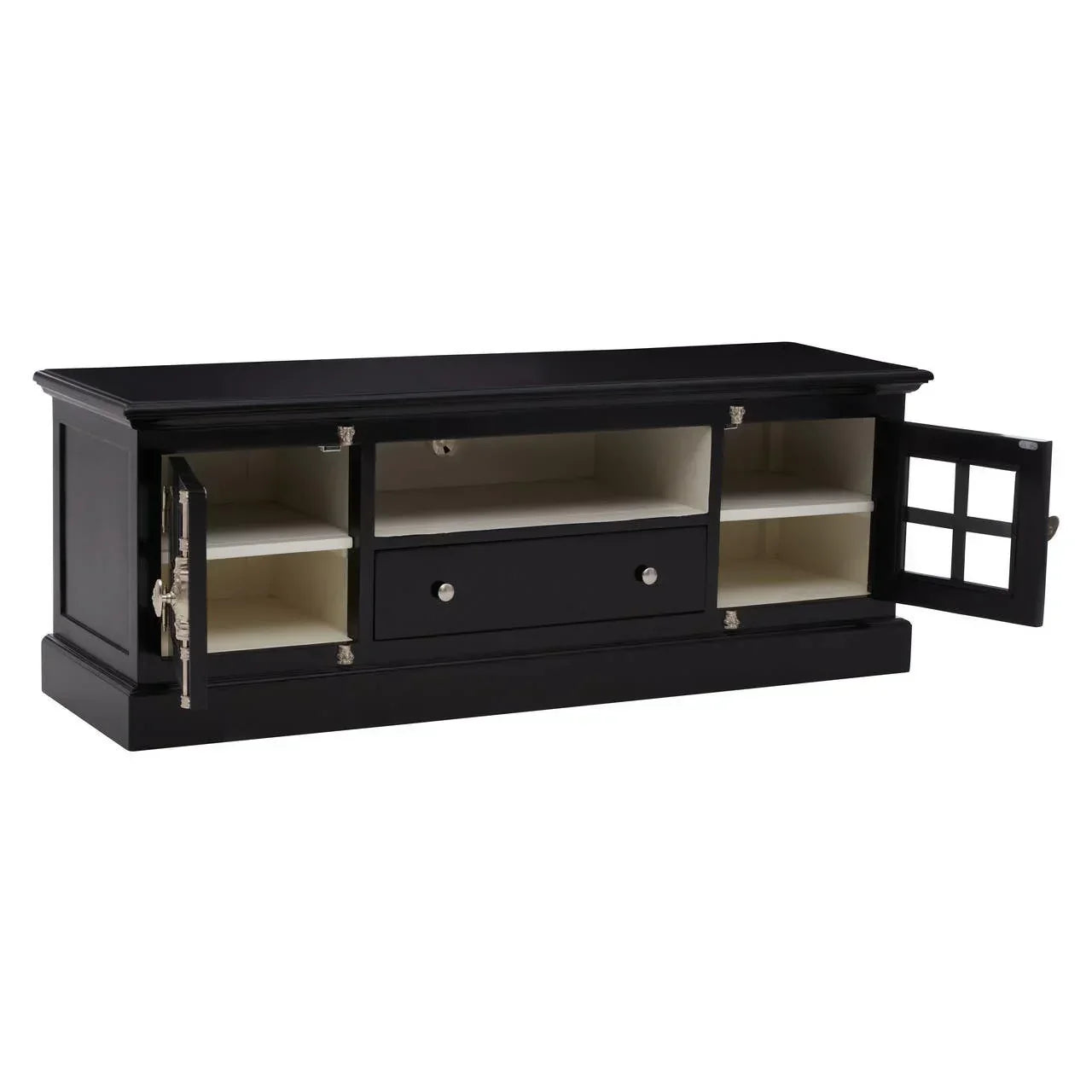 Black wooden TV unit with open glass doors, shelf storage, and central drawer