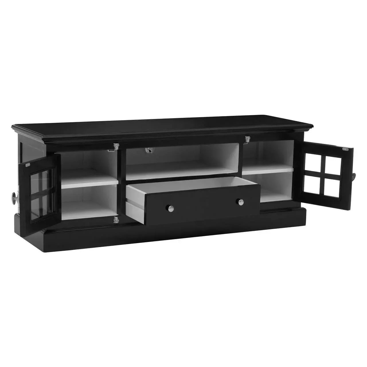 Black TV unit with glass panel doors, open shelves, and a central drawer