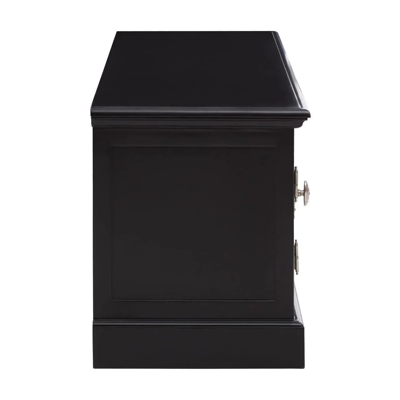 Side view of black wooden sideboard cabinet with panel detailing and chrome handles